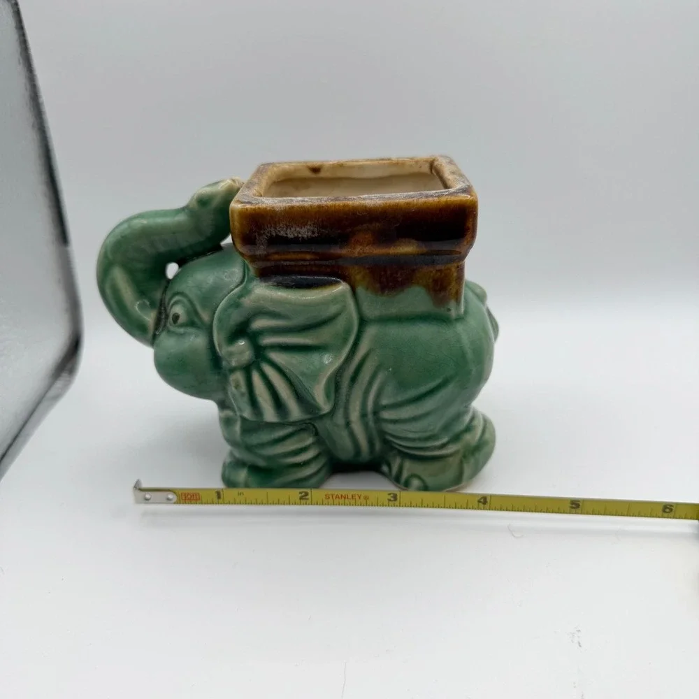 VTG Lucky Trunk Up Elephant Planter Cachepot Pair  Ceramic Green Brown MCM Decor